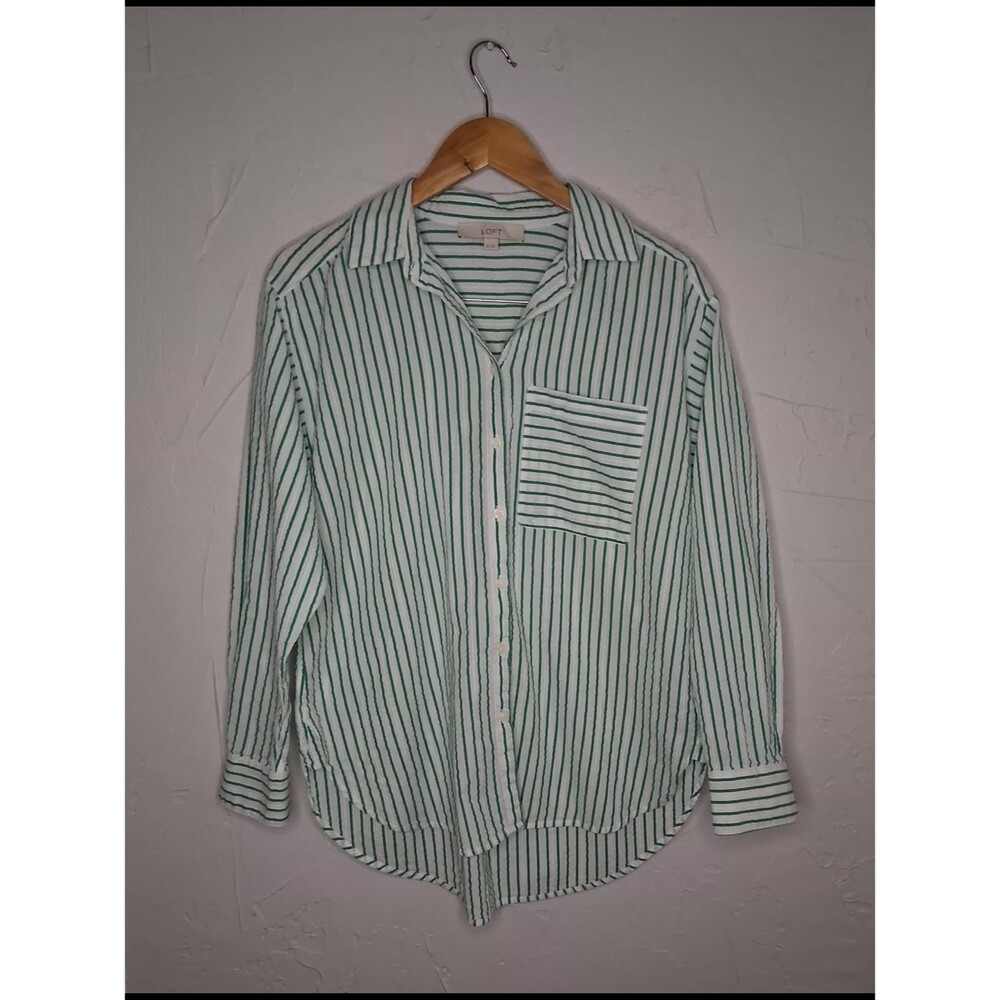LOFT Green White Striped Button Down Shirt XS 100% Cotton Oversized Blouse - Picture 2 of 8